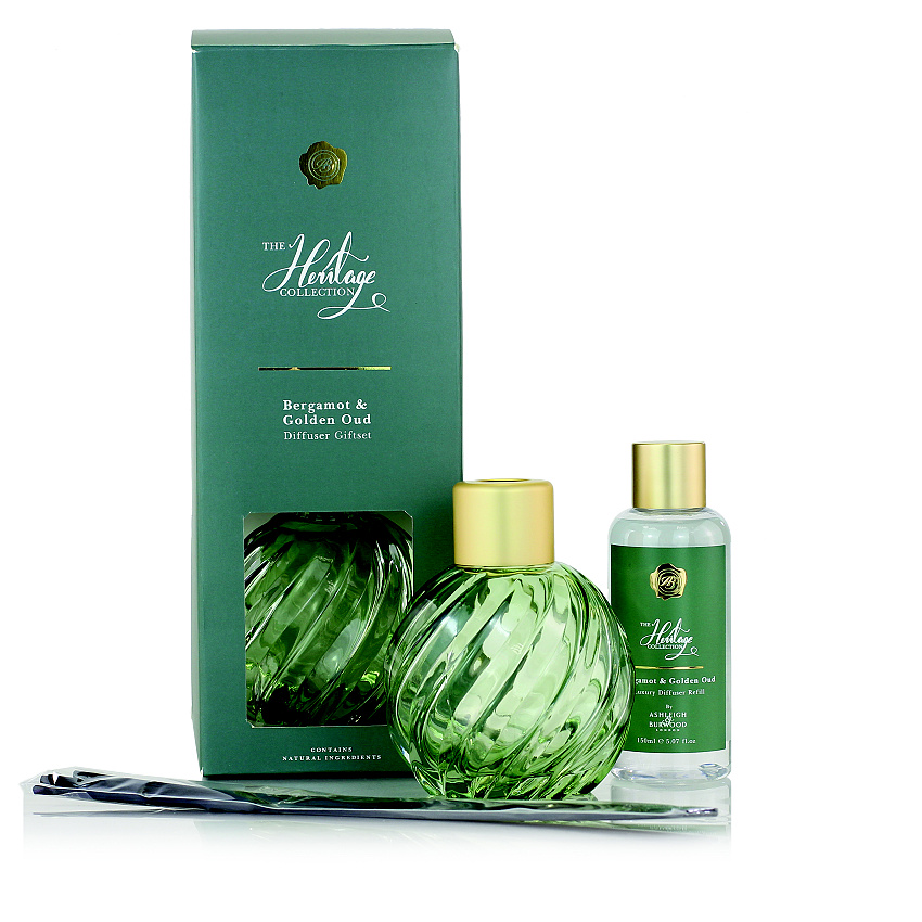 Ashleigh & Burwood London Dárková sada skleněný difuzér GREEN s náplní BERGAMOT & GOLDEN OUD 150 ml Ashleigh & Burwood London