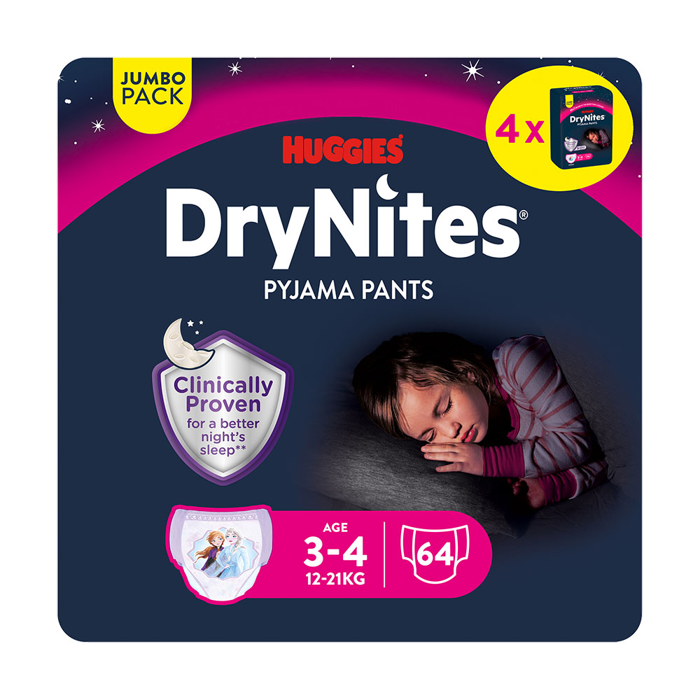 Huggies DryNites Natahovací kalhotky pro dívky 3–4 roky 12–21 kg JUMBO 4x16 ks Huggies