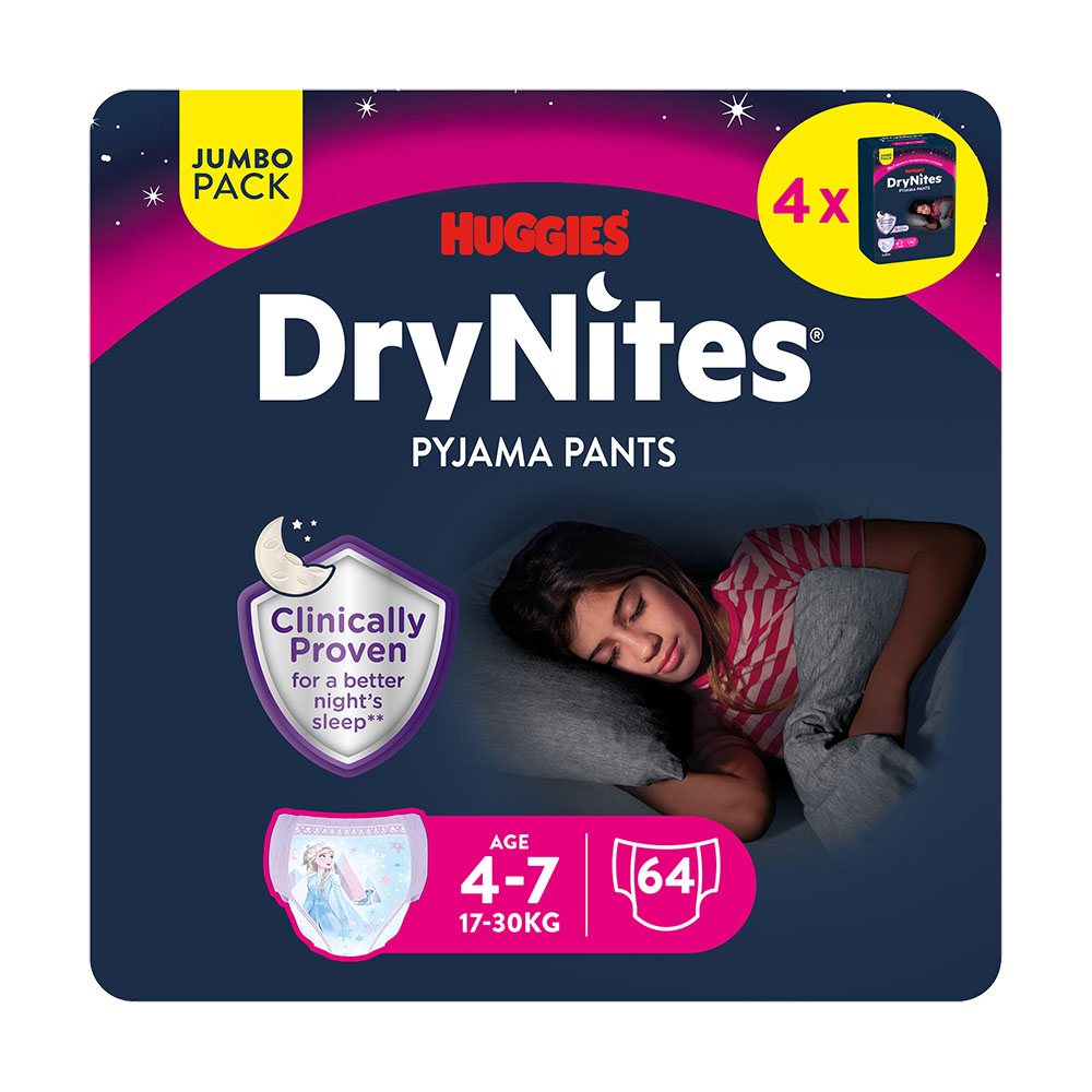 Huggies DryNites Natahovací kalhotky pro dívky 4–7 let 17–30 kg JUMBO 4x16 ks Huggies