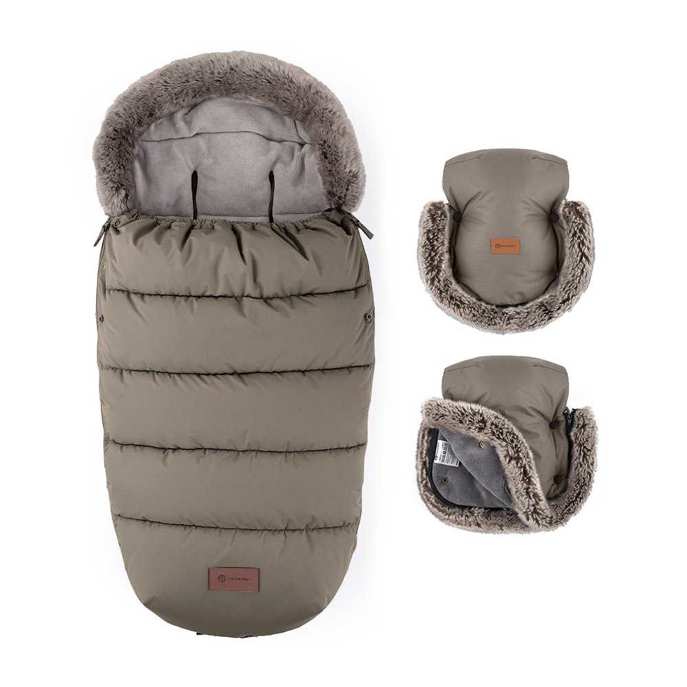 Petite&Mars Set zimní fusak Comfy 4v1 + rukavice na kočárek Furry Mocha Mousse Petite&Mars
