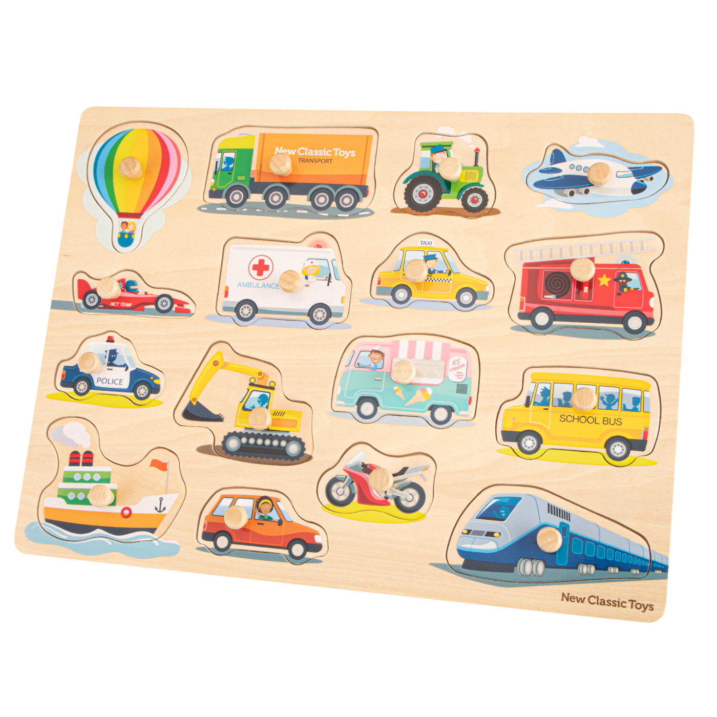 New Classic Toys Dřevěné vkládací puzzle - dopravní prostředky - 16 ks New Classic Toys