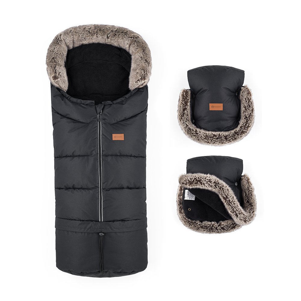 Petite&Mars Set zimní fusak Arctic 4v1 + rukavice na kočárek Furry Forever Black Petite&Mars