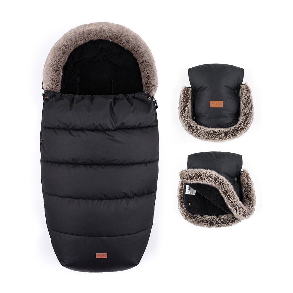Petite&Mars Set zimní fusak Comfy 4v1 + rukavice na kočárek Furry Forever Black Petite&Mars