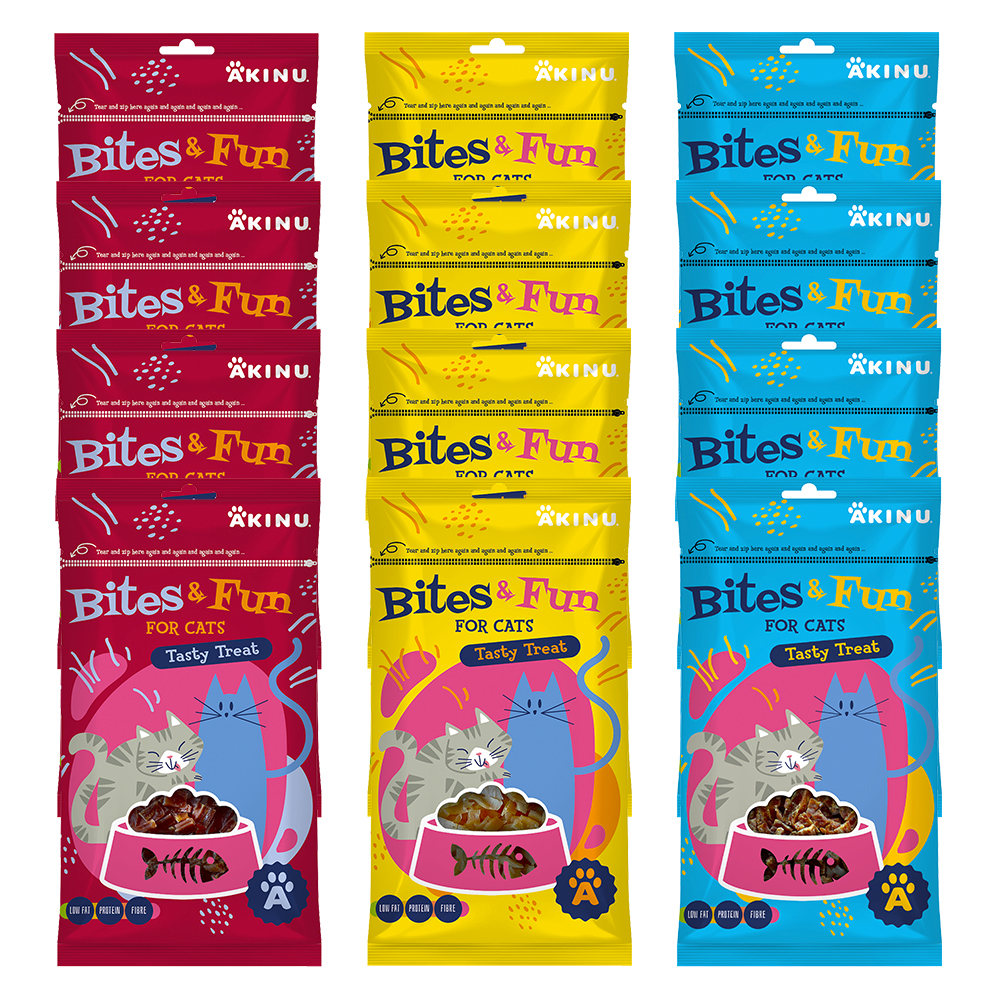 Akinu BITES & FUN Jehněčí & kuřecí & kachní pamlsek pro kočky 12 balení 60 g Akinu