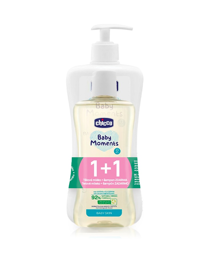 Chicco Tělové mléko s dávkovačem Baby Moments 500 ml + šampon 200 ml Chicco