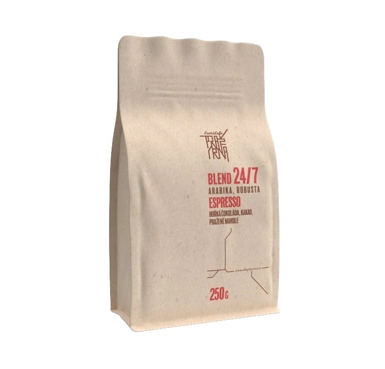 CrossCafe Pražírna Blend 24/7 70% Arabica 30% Robusta zrnková káva 250 g CrossCafe Pražírna