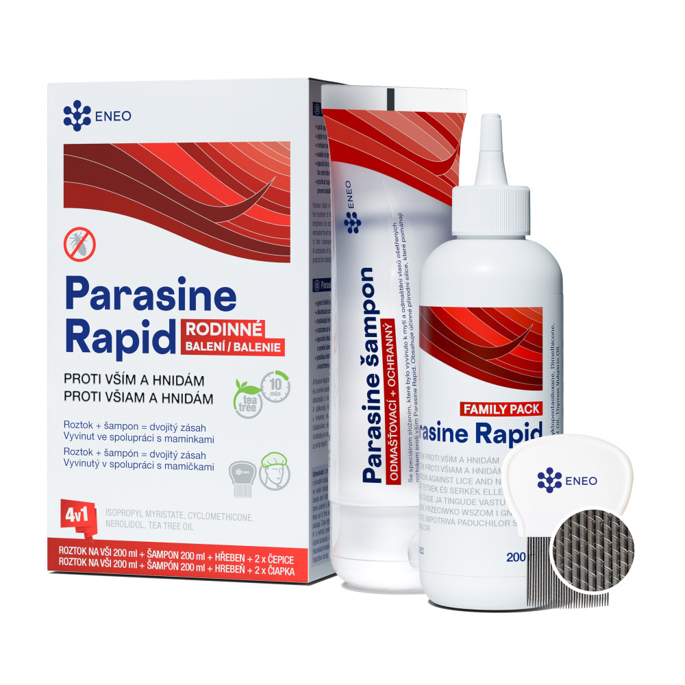 ENEO Parasine Rapid rodinné balení roztok a šampon proti vším a hnidám 2x200 ml + všiváček + čepice ENEO