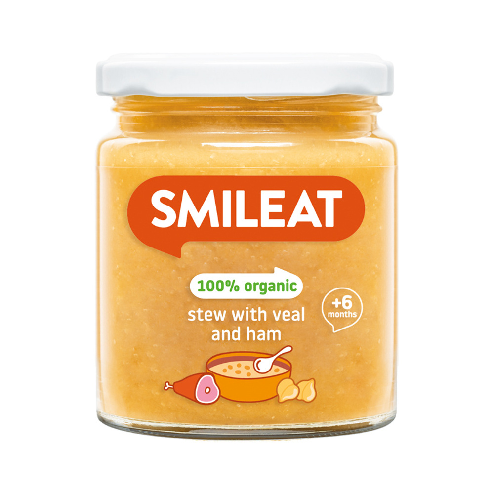 Smileat BIO příkrm telecí maso se šunkou a zeleninou s extra panenským olivovým olejem 6M+ 230 g Smileat