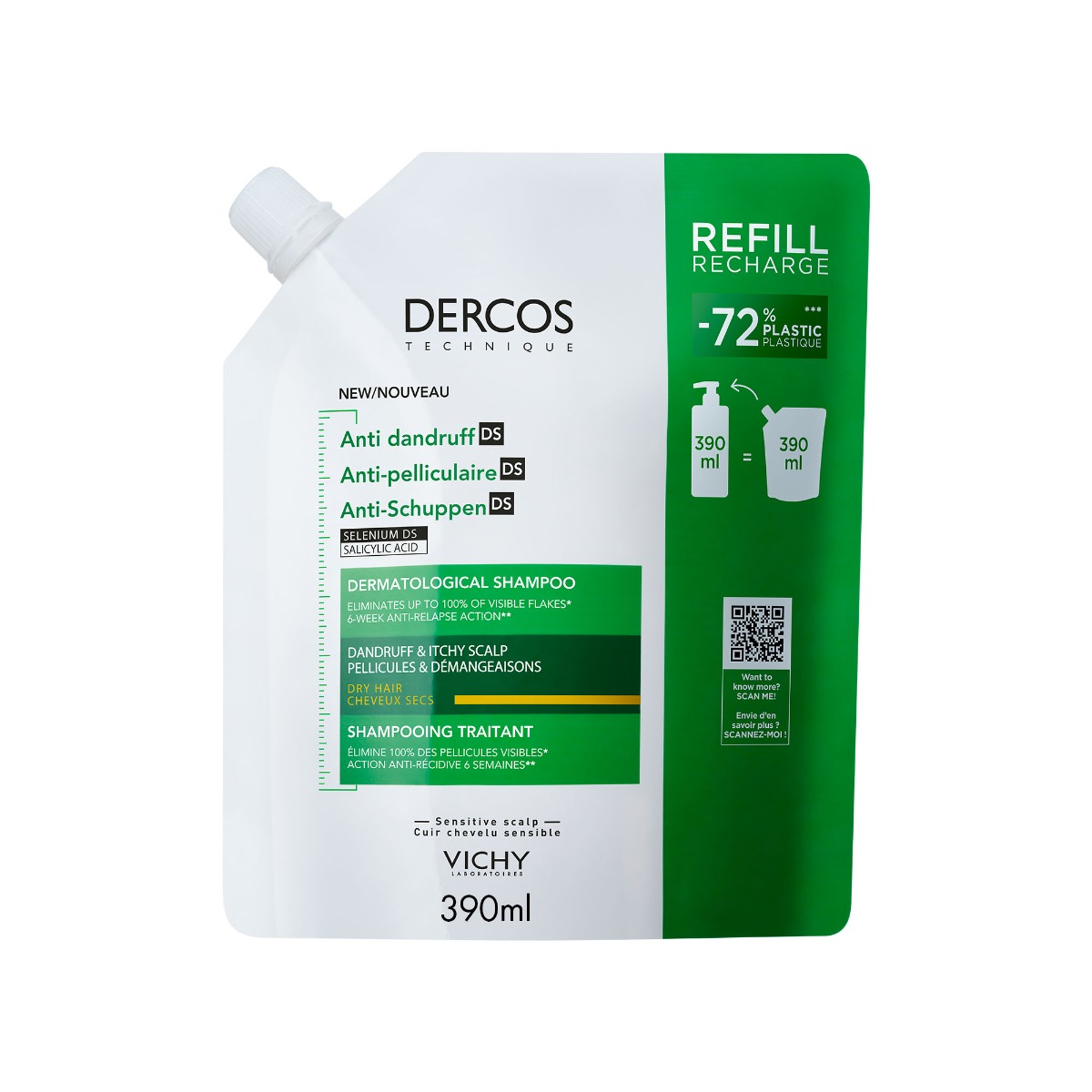 Vichy Dercos Šampon proti lupům na suché vlasy náhradní náplň 390 ml Vichy