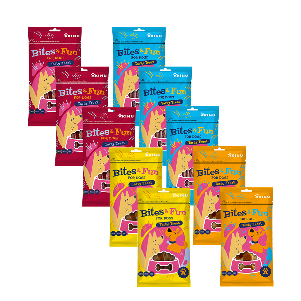 Akinu BITES & FUN Jehněčí & kachní & kuřecí pamlsek pro psy 10 balení 85 g Akinu