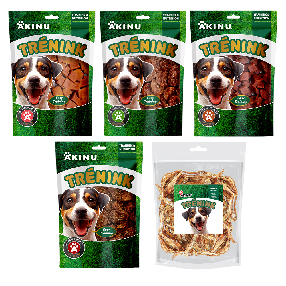 Akinu Trénink Hovězí & jehněčí & kachní & lososové & rybičky pamlsek pro psy 5 balení Akinu