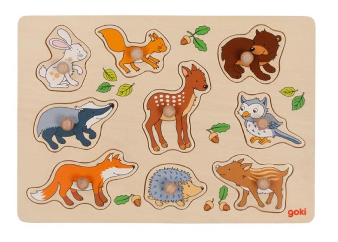 Goki Edukační dřevěná vkládačka/puzzle s úchyty Lesní zvířátka Goki