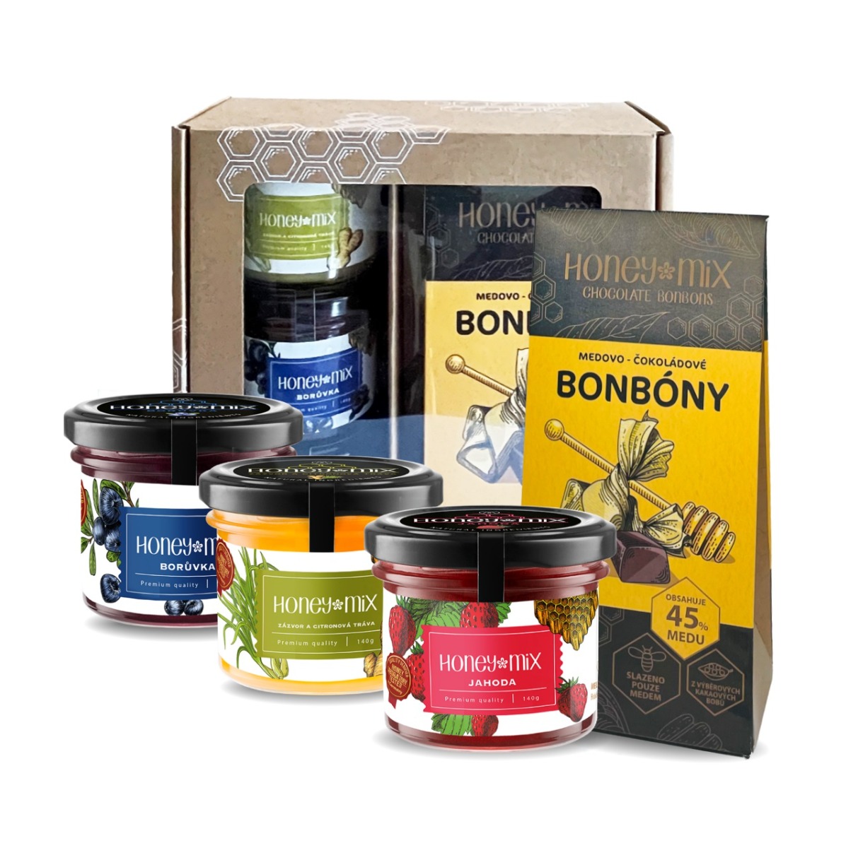 HoneyMix Dárková sada medů a medovo-čokoládové bonbony 3x140 g + 1x85 g HoneyMix
