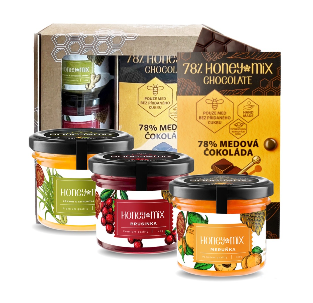 HoneyMix Dárková sada medů s medovou čokoládou 3x140 g + 1x60 g HoneyMix