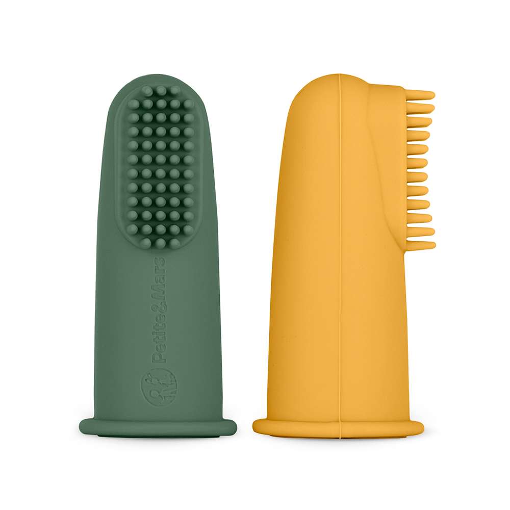 Petite&Mars Sada silikonových zubních kartáčků na prst 0m+ 2 ks Ochre&Green Petite&Mars
