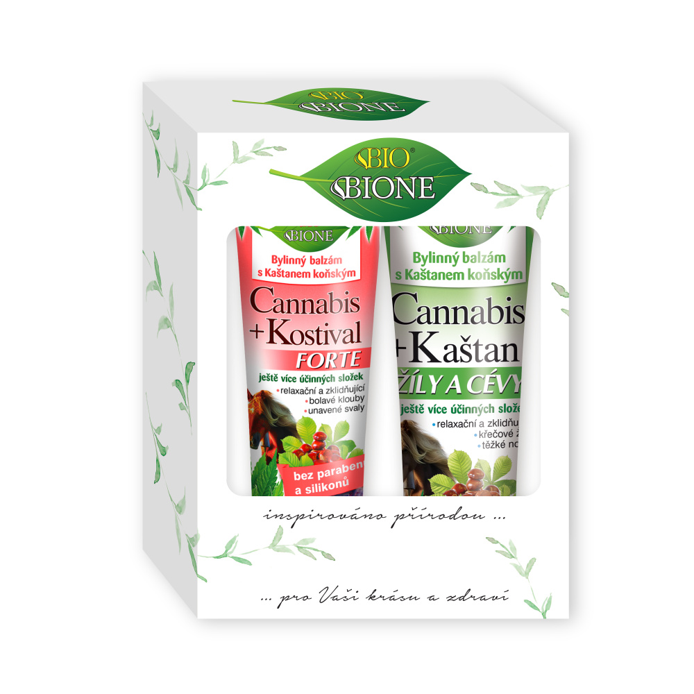 BIO BIONE Cannabis - bylinný balzám Kostival Forte + Kaštan žíly a cévy dárková kazeta 2 ks BIO BIONE
