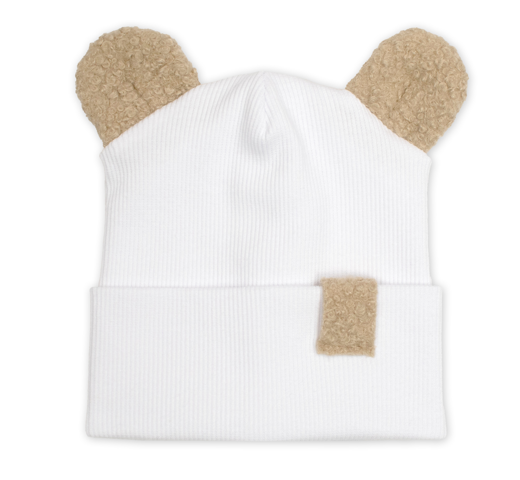 Baby Nellys Dvouvrstvá žebrovaná čepička s oušky boucle medvídek - bílá