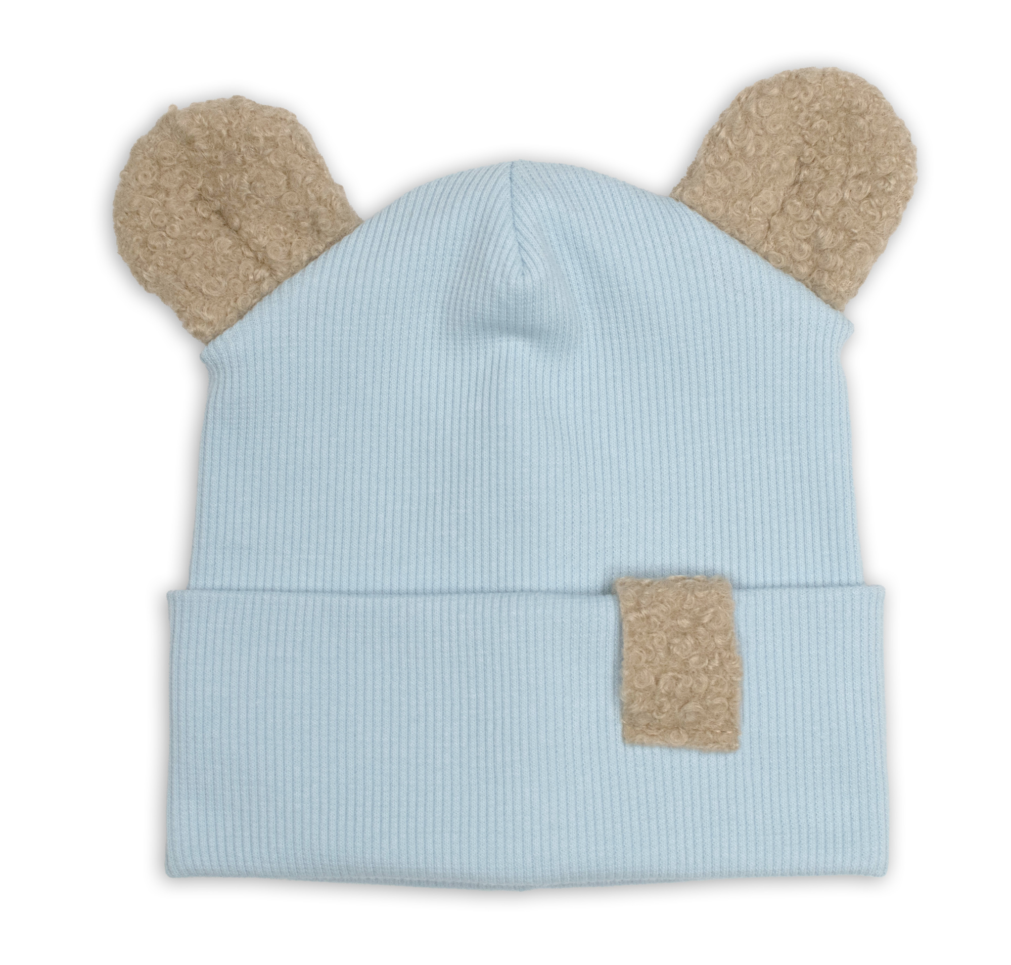Baby Nellys Dvouvrstvá žebrovaná čepička s oušky boucle medvídek - modrá Baby Nellys