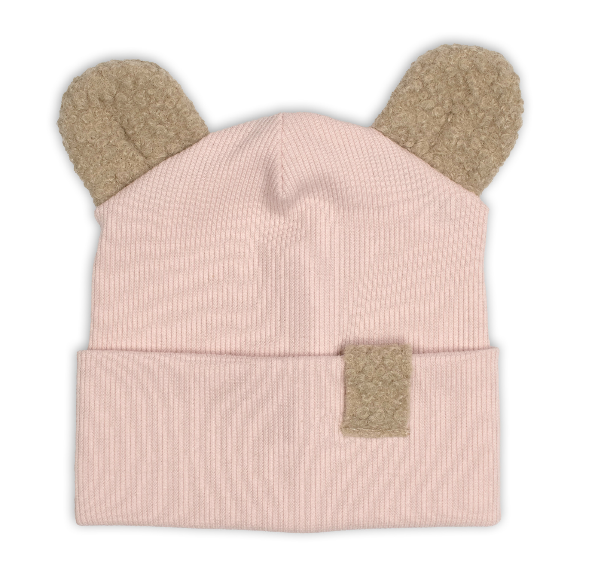Baby Nellys Dvouvrstvá žebrovaná čepička s oušky boucle medvídek - růžová Baby Nellys