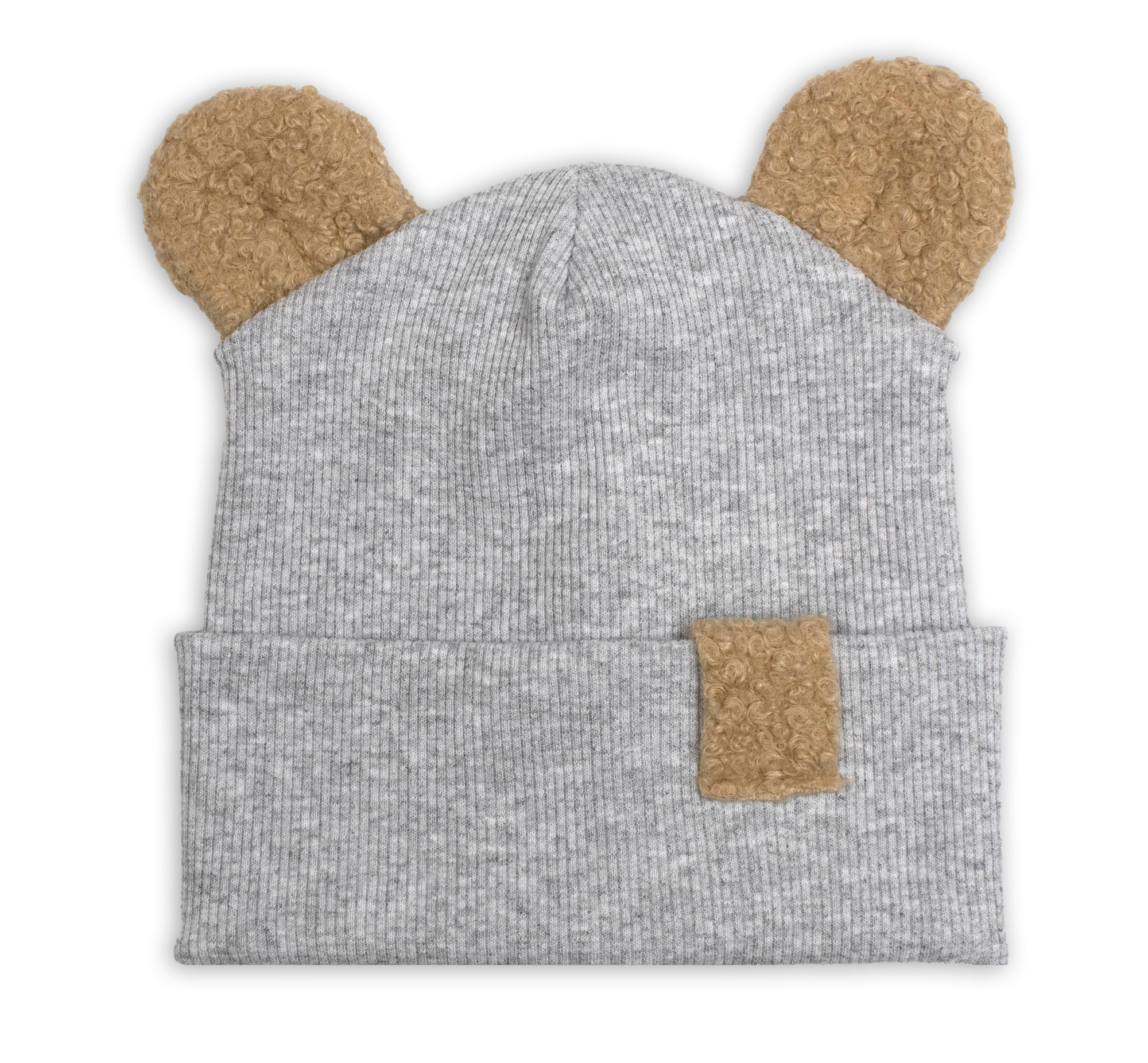 Baby Nellys Dvouvrstvá žebrovaná čepička s oušky boucle medvídek - šedý melír