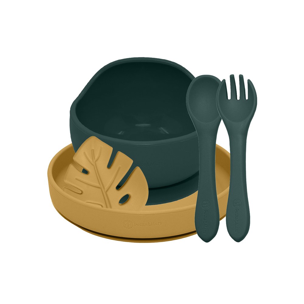 Petite&Mars Set jídelní silikonový TAKE&MATCH 4 ks Misty Green - Intense Ochre 6m+ Petite&Mars