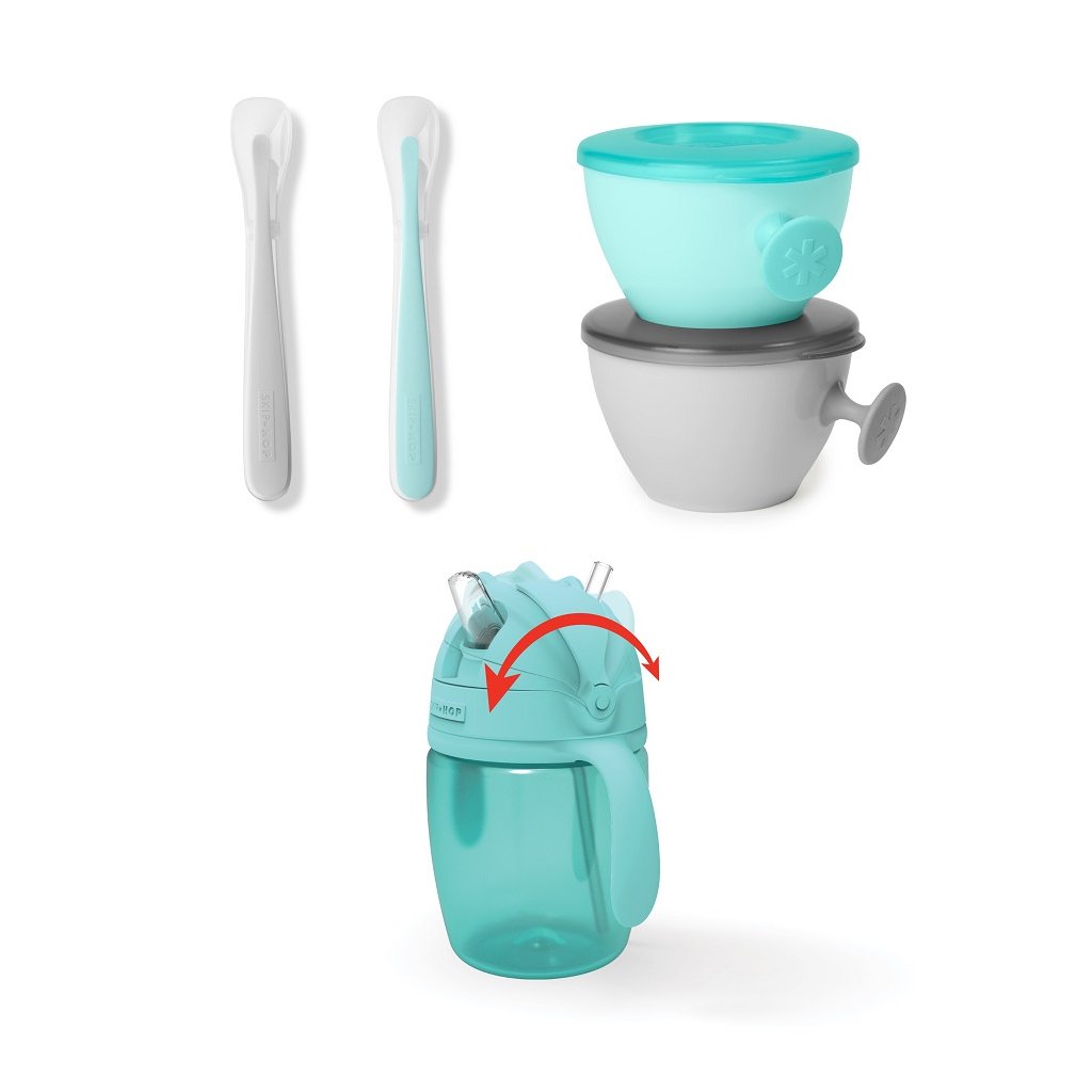 SKIP HOP Set jídelní s hrníčkem 5 ks Easy-Feed Mealtime Set Teal/Grey 6m+ SKIP HOP